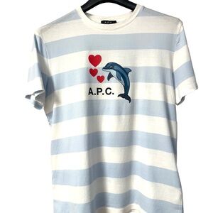 A.P.C. Light Blue and White Striped Tee with Dolphin and Hearts